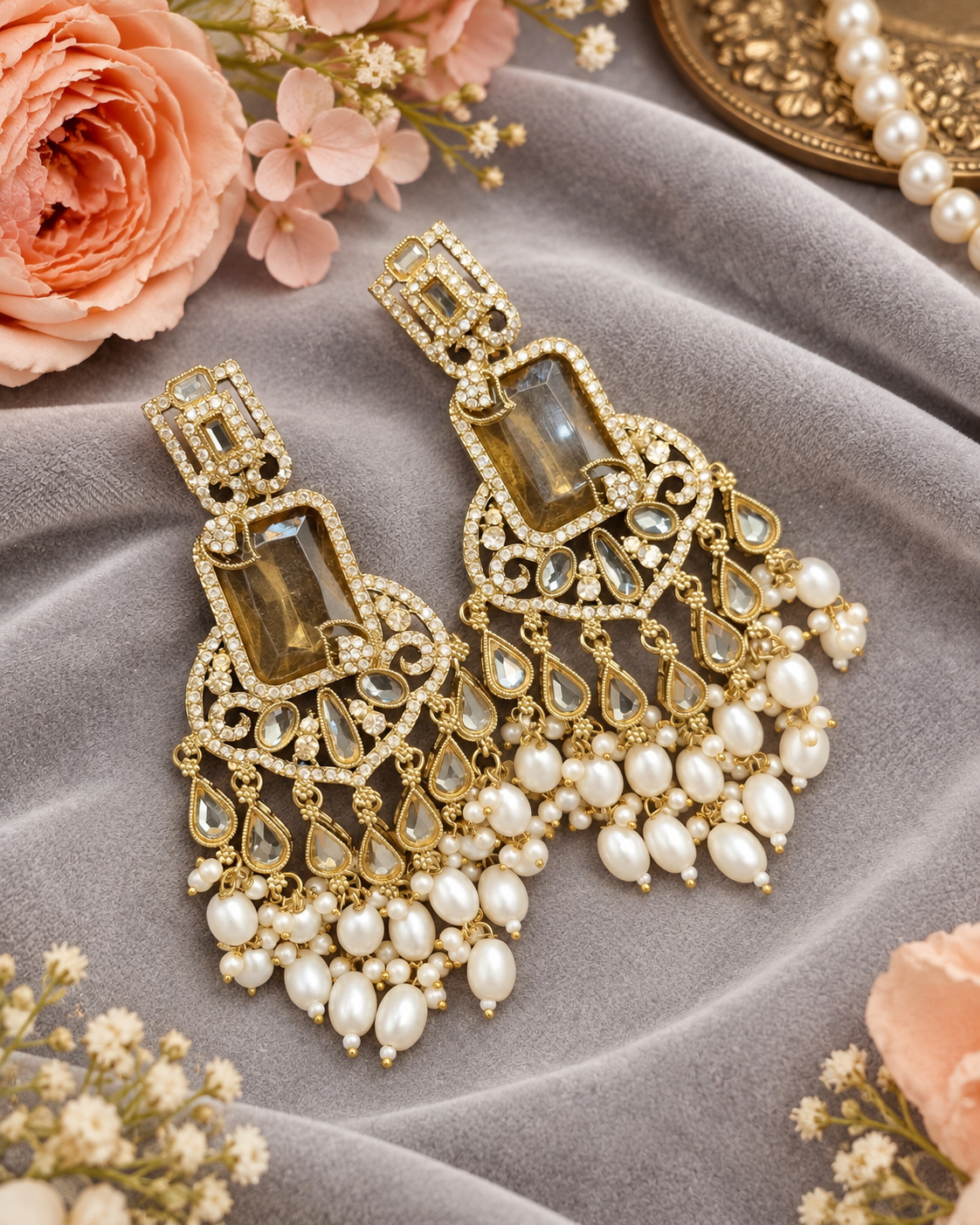 Pearl Fringe Statement Chandelier Earrings